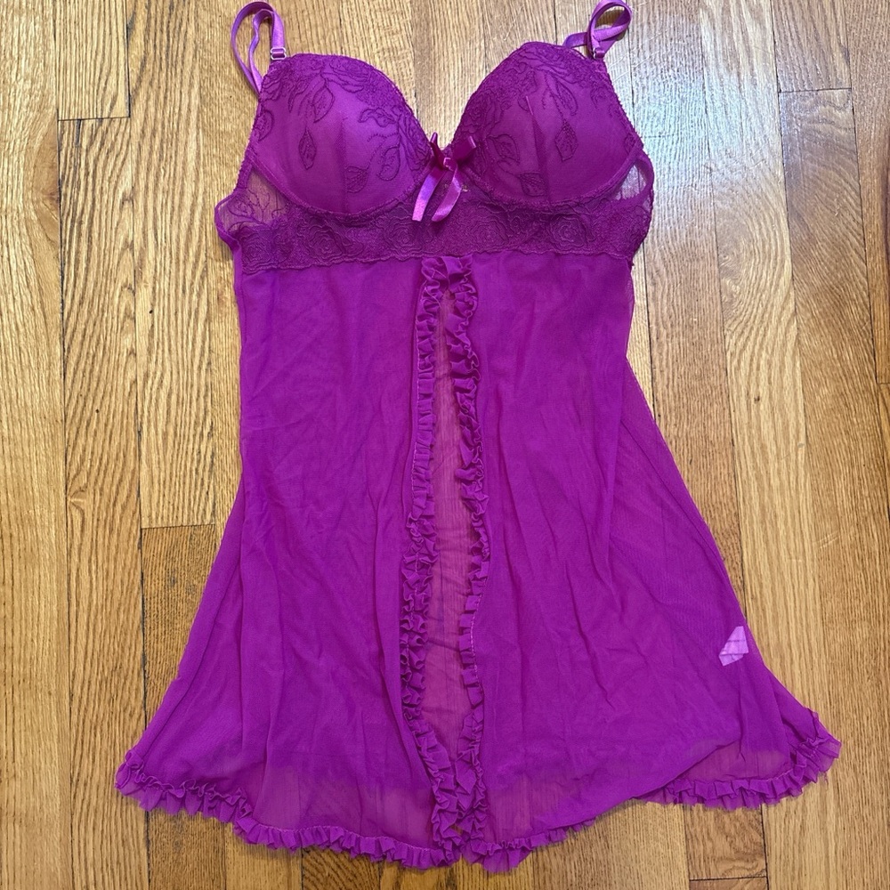 Sheer Fuchsia Lace Babydoll Chemise with Ruffle Trim